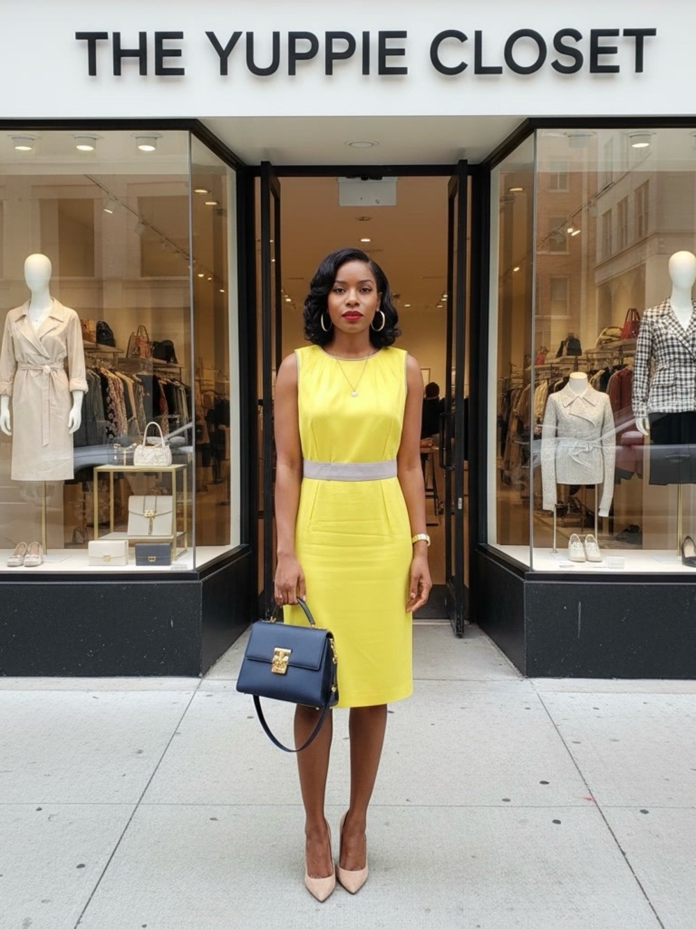 Ann Taylor Yellow Sleeveless Sheath Dress Gray Belt Trim Size 8P Petite